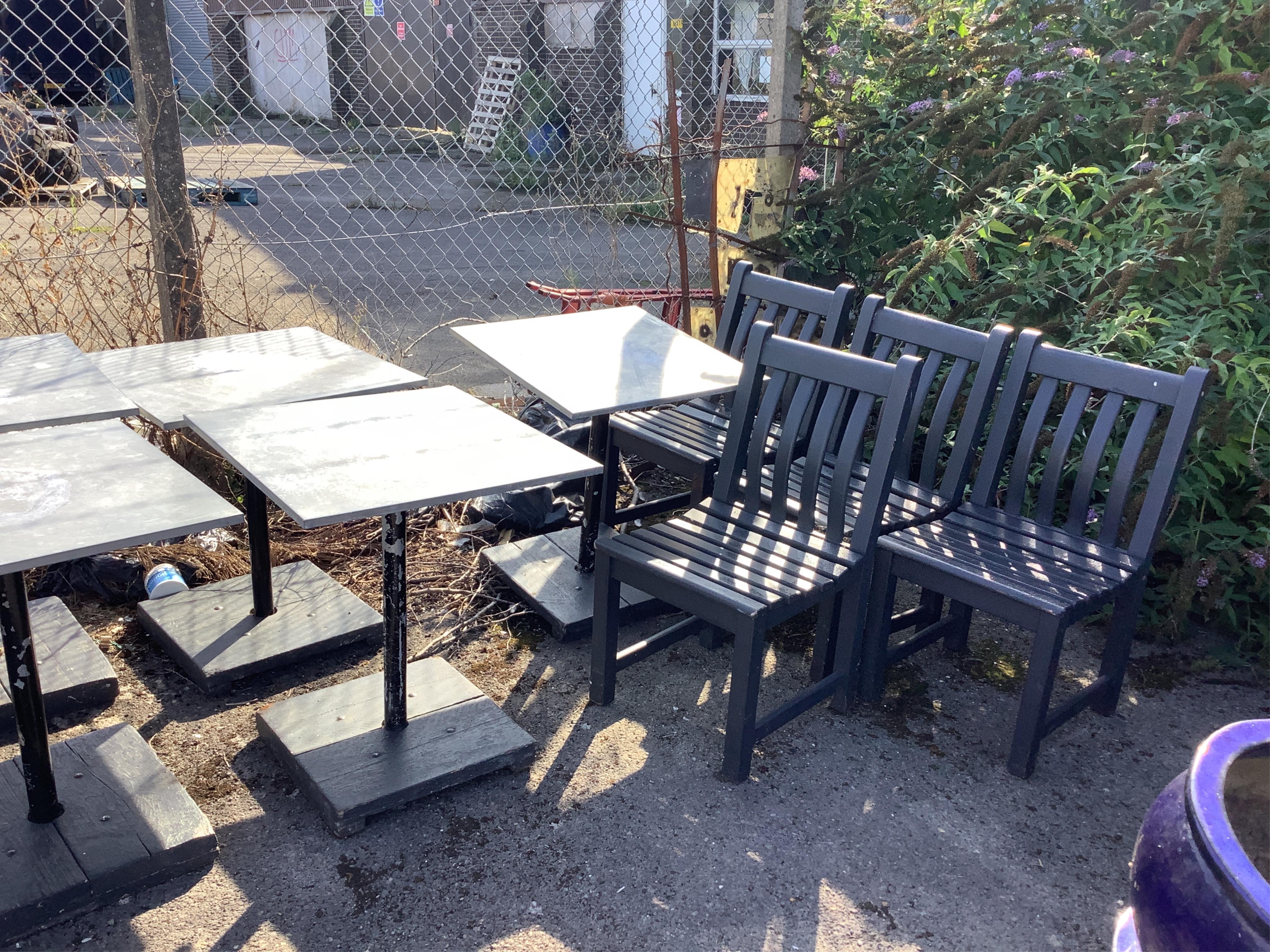 Ten square zinc top tables, 60cm, height 72cm, together with eleven painted teak garden chairs, width 46cm, height 88cm. Condition - fair